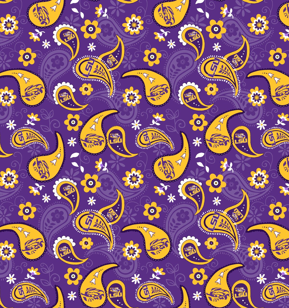 Sykel Enterprises-Louisiana State University Cotton Fabric-LSU Tigers Paisley Cotton Quilting Fabric